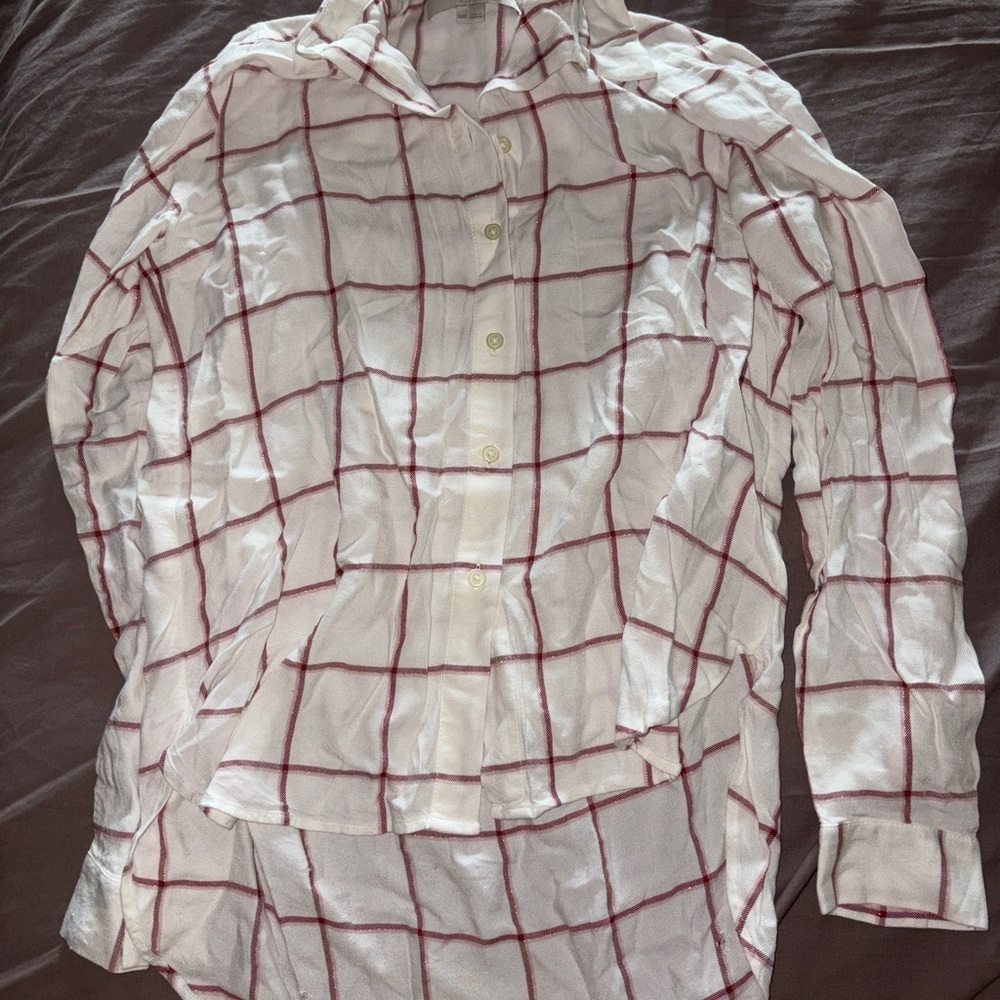 LOFT White Red Plaid Button Down Shirt XXSP Petite Cotton Workwear